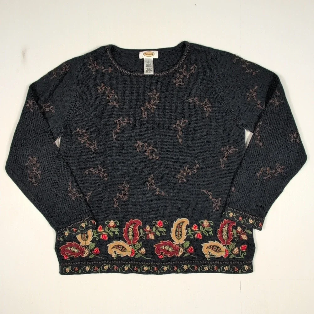 Talbots Womens Sweater M Black Paisley Floral Embroidery Long Sleeve Crew Neck